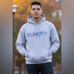 Gildan Heavy Blend Light Grey Doherty Graphic Hooded Sweatshirt size Small